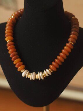 Amber Disc Beaded Freshwater Pearl Gold Accent Choker Necklace